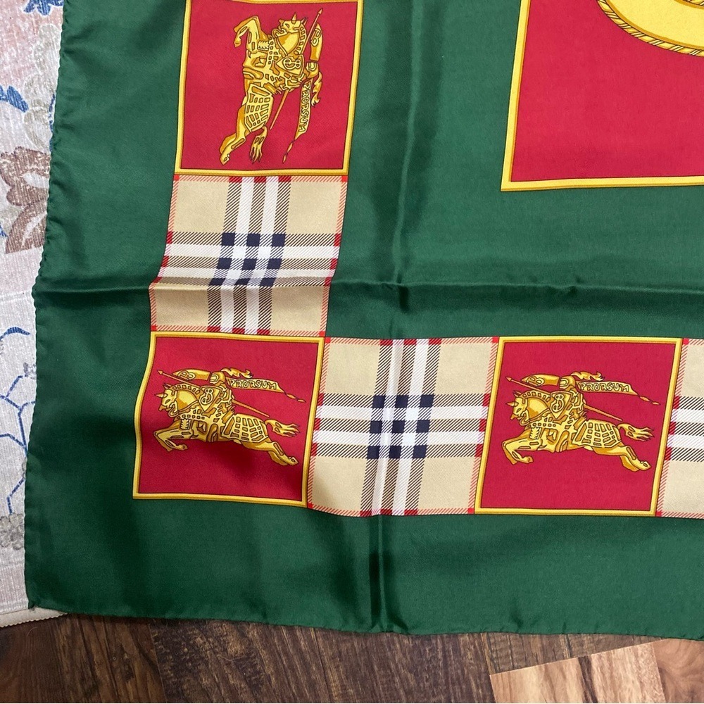 Vintage Burberrys London Silk Scarf Green Red Equestrian Prorsum Knight Logo - Picture 4 of 11